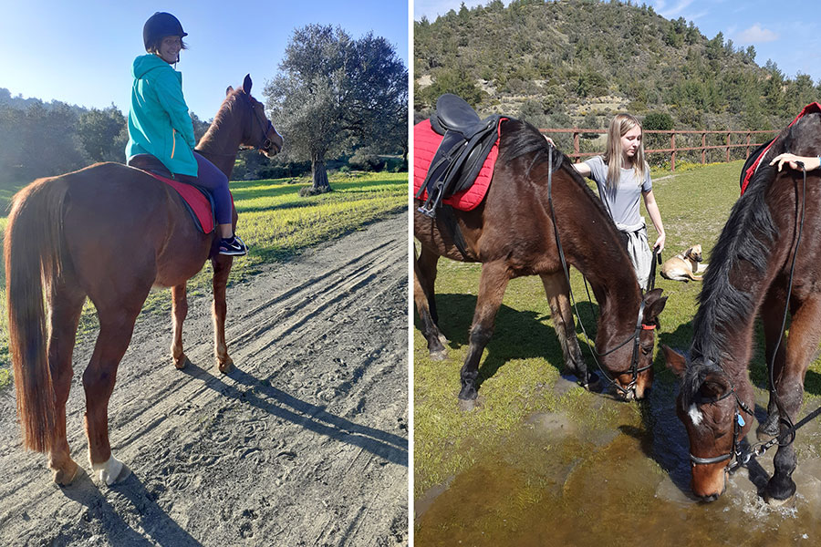 Two photos of people riding horses and horses drinking water